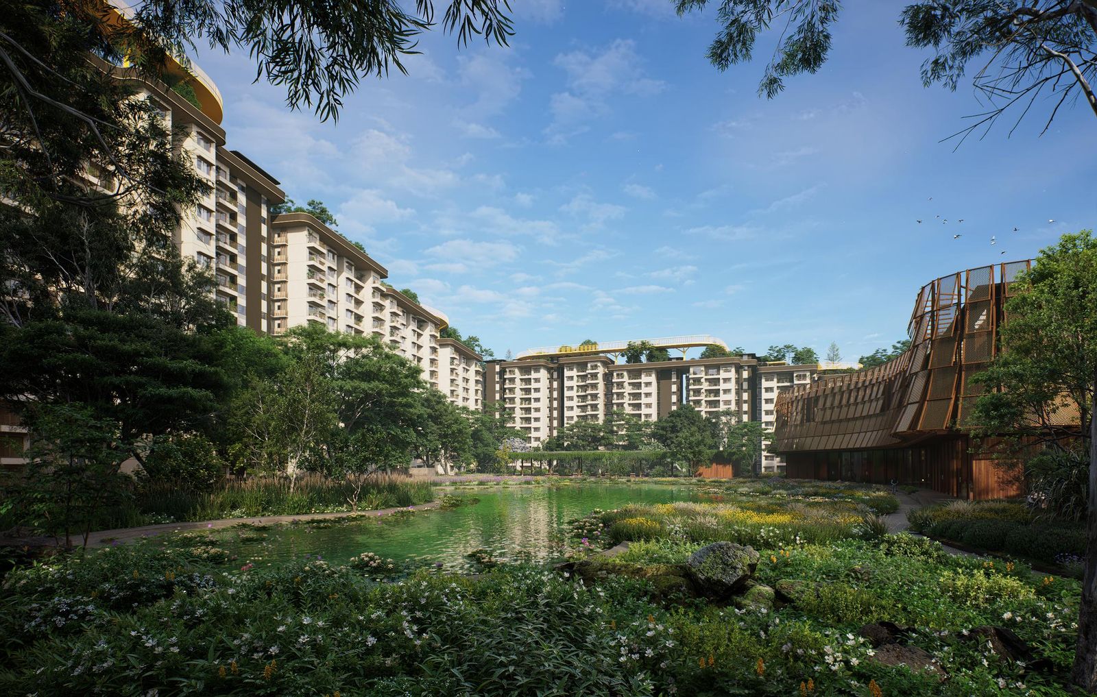 The towers seen across the lake